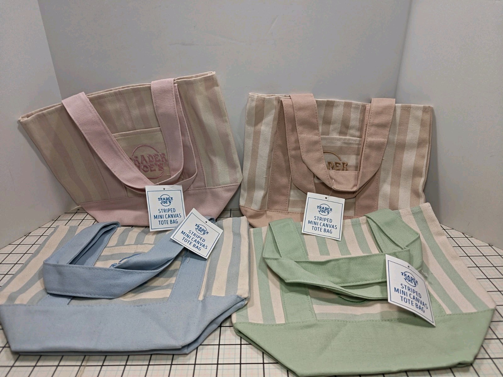 TRADER JOE’S Pastel Striped Mini Canvas Tote Bag 4 Colors Pink Blue Green Beige