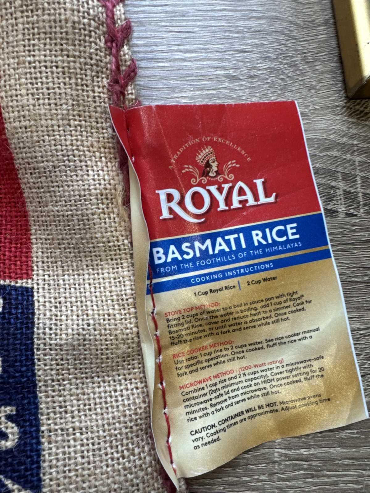 Royal Basmati Rice Burlap Tote Bag Handles Zipper Closure 20lb Size