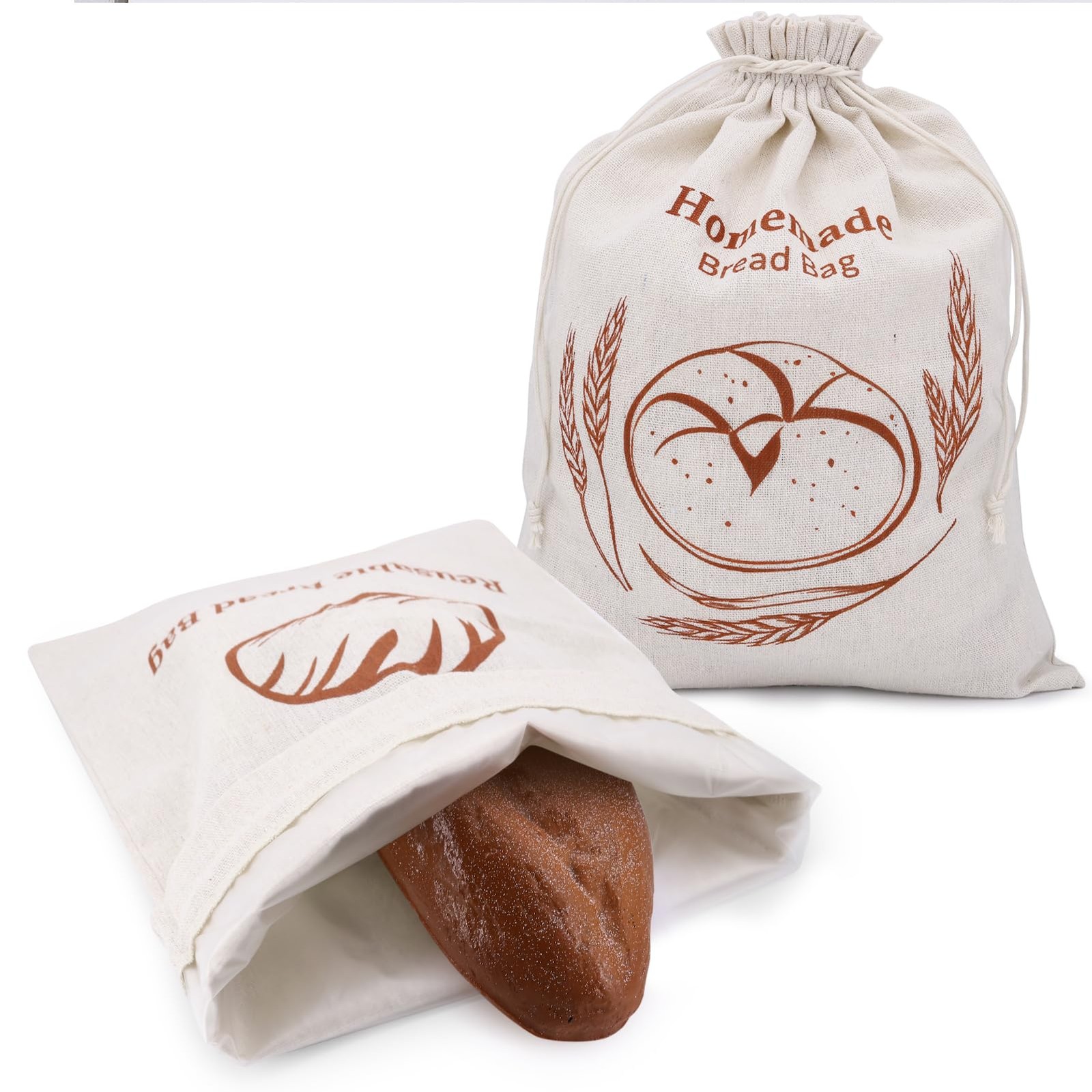 2 Pack Reusable Linen Bread Storage Bags with 15×12 inches, 2 patterns