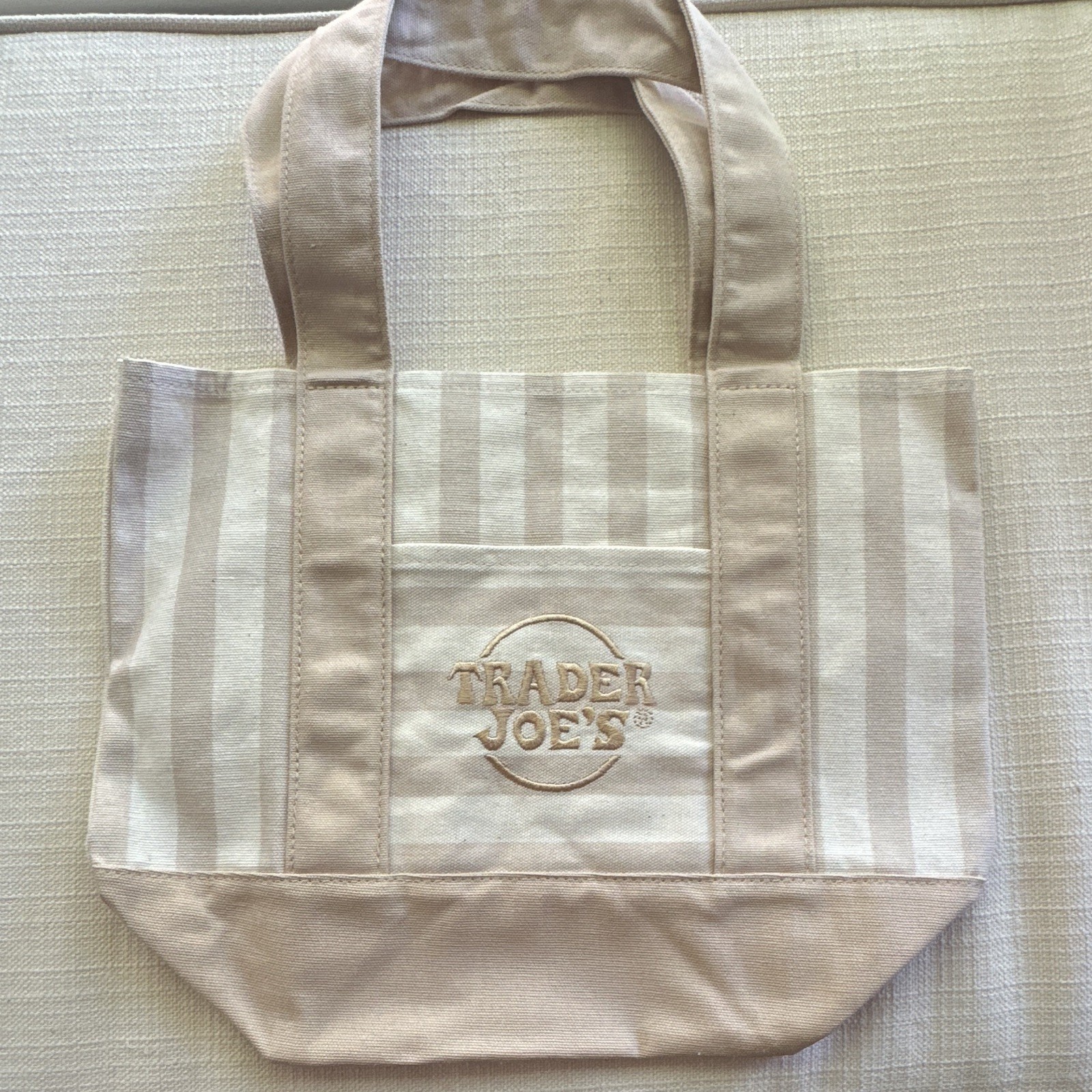 Trader Joe’s Striped Mini Canvas Tote Bag Beige/White 13x6x14 in New SKU 84312
