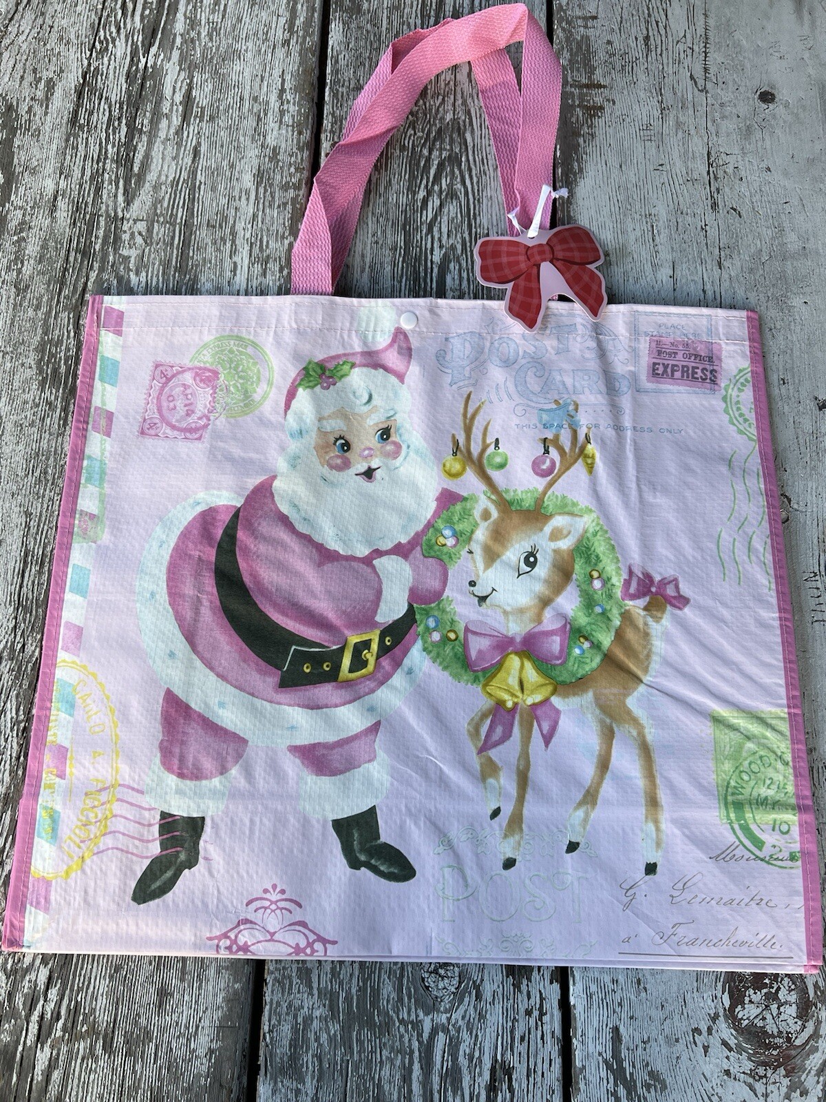 Christmas Santa 🎅Reindeer Vintage Look Reusable Shopping Bag Tote HTF in PINK