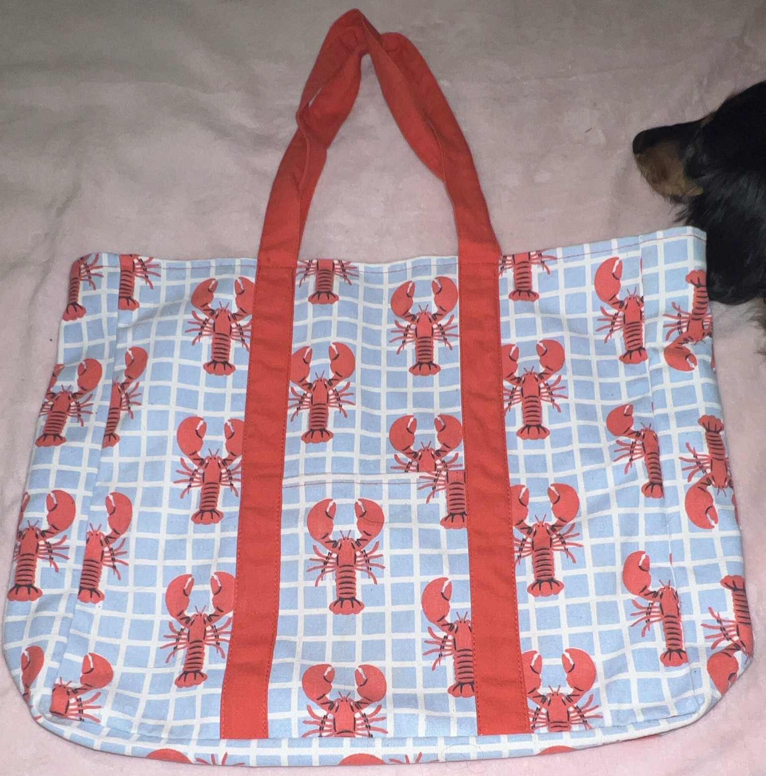 Blue Red White Lobster Print Fabric Reusable Shopping Bag Tote 19 x 14 in