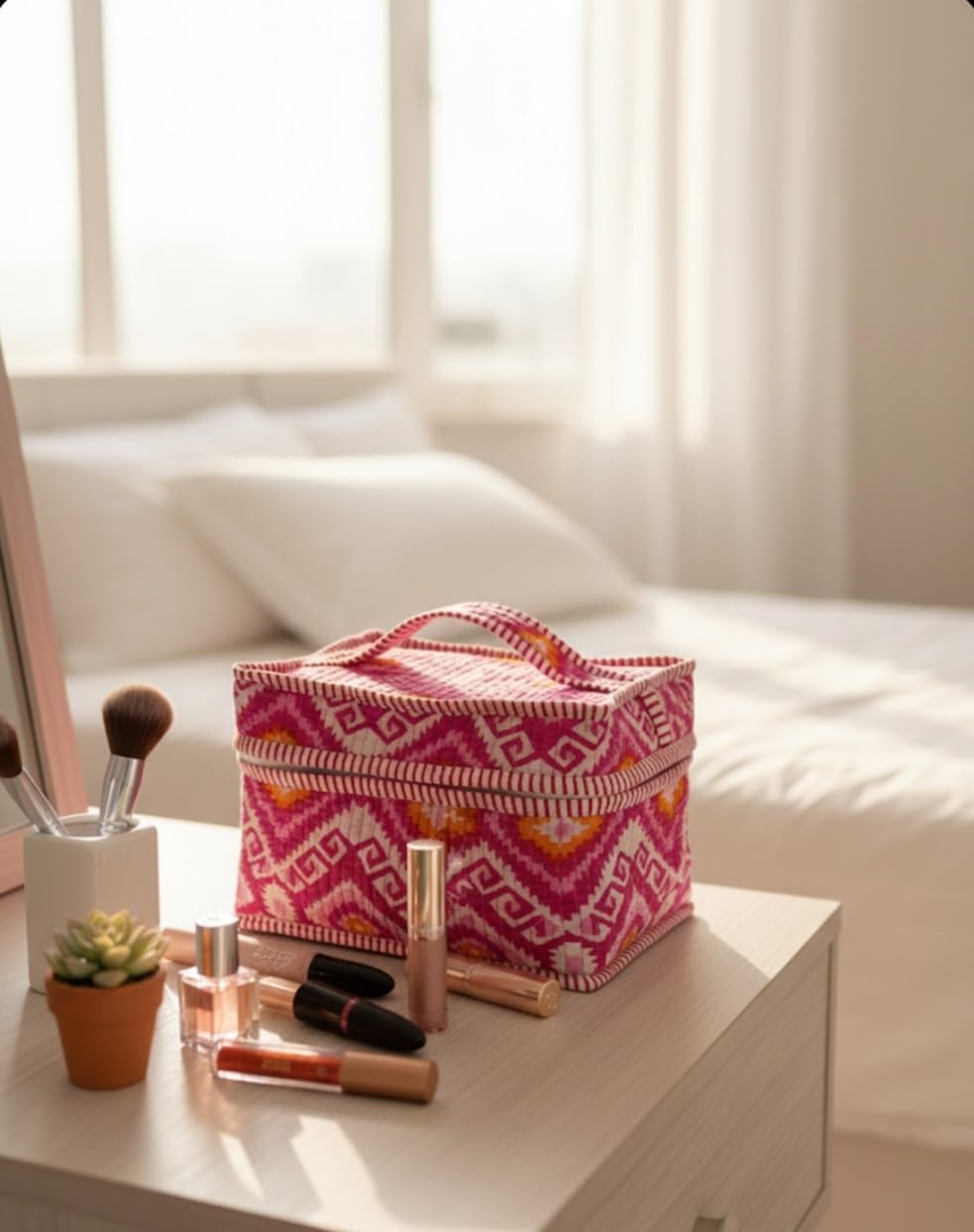 Vastra Looms Block Print Makeup Bag Quilted Pouch, Travel Toiletry Pink