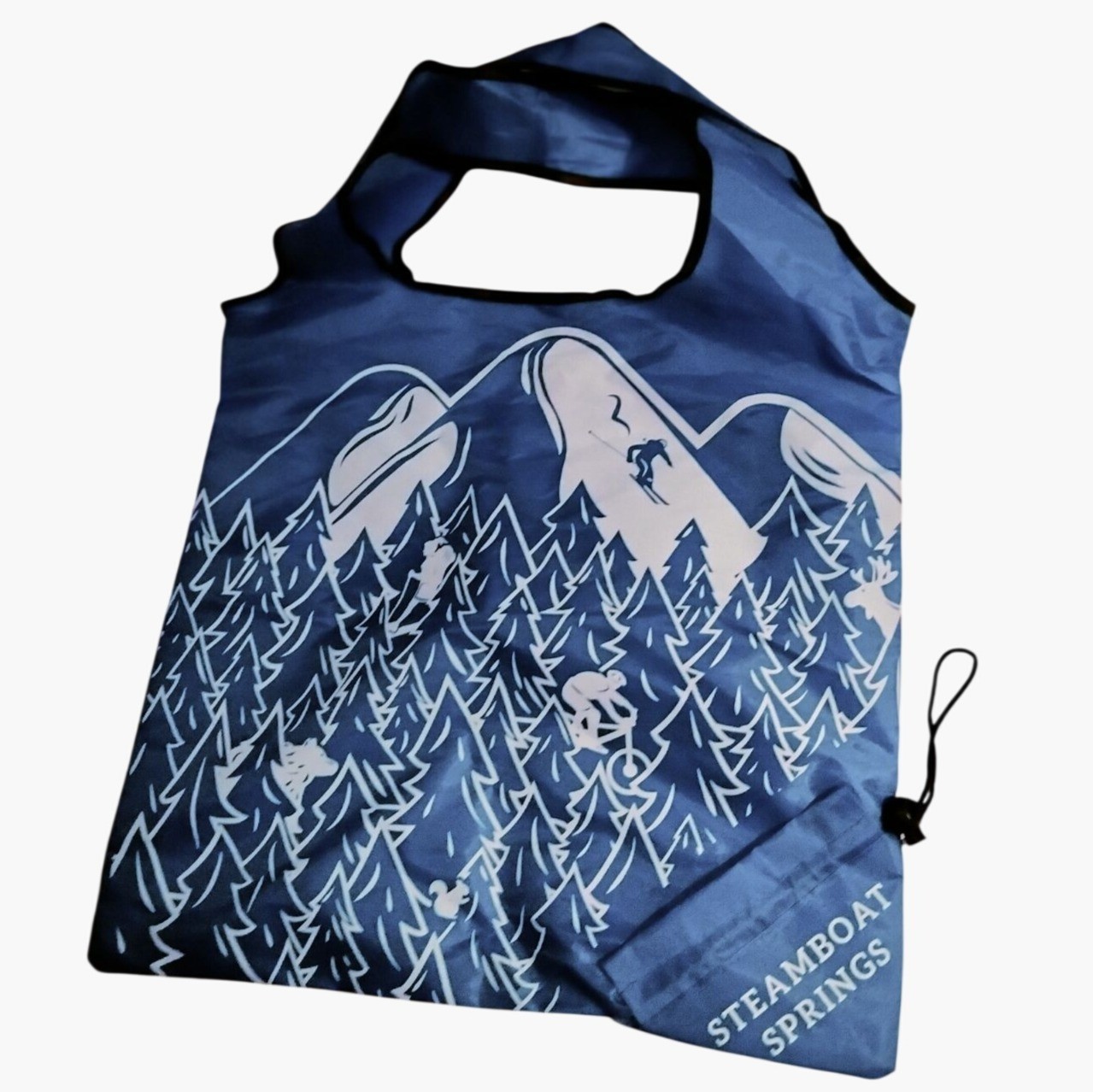 Steamboat Springs Reusable Shopping Bag Blue Spur Change Corner Drawstring