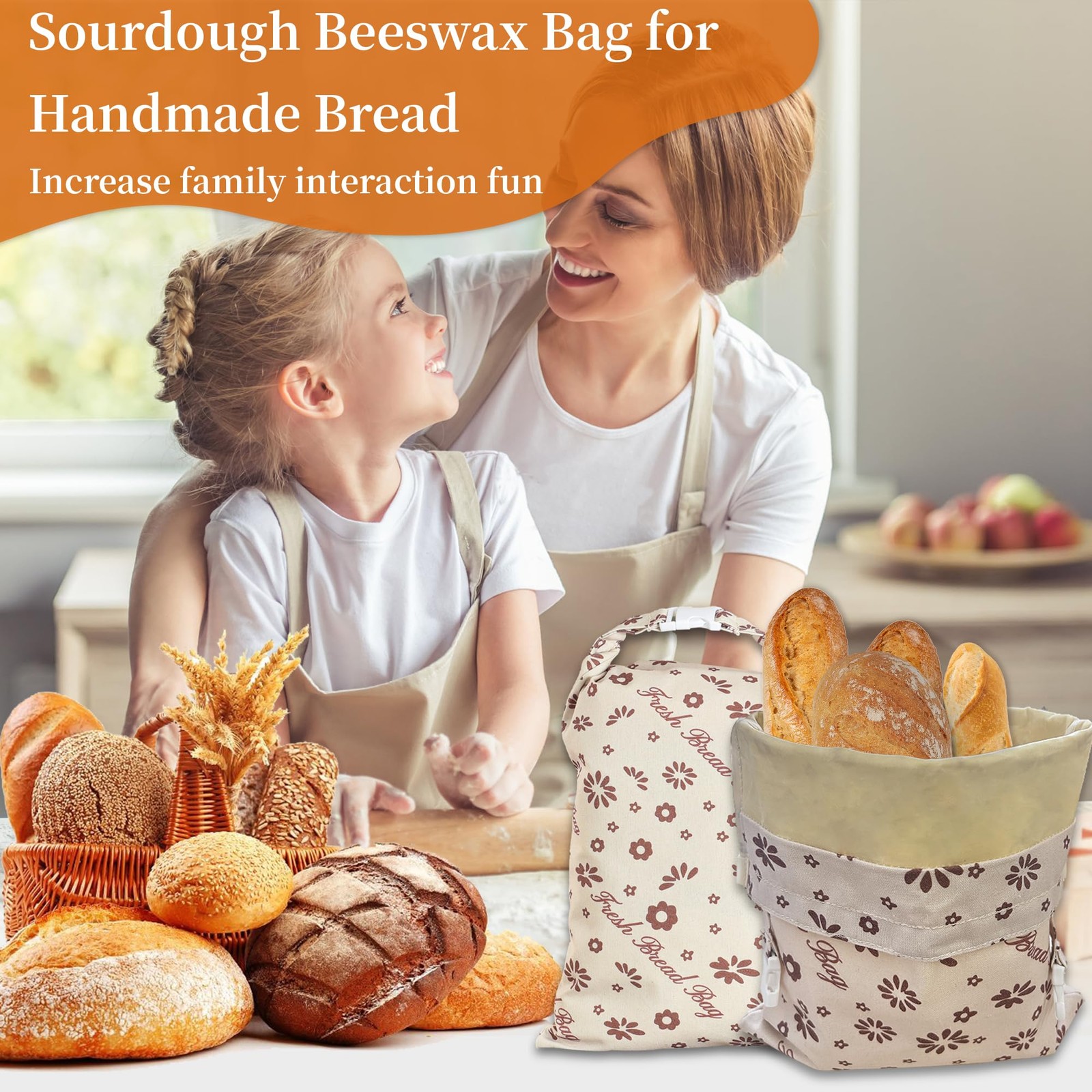KONGDY 2 Packs Reusable Beeswax Bread Bags, Cotton 12in x 17in, brown, beige