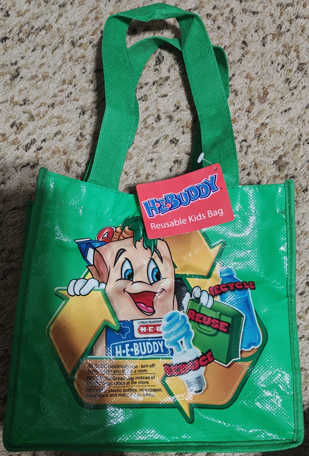 H-E-Buddy Reusable Shopping Bag Kids Tote Green 7 in L x 6 in W x 8 in H