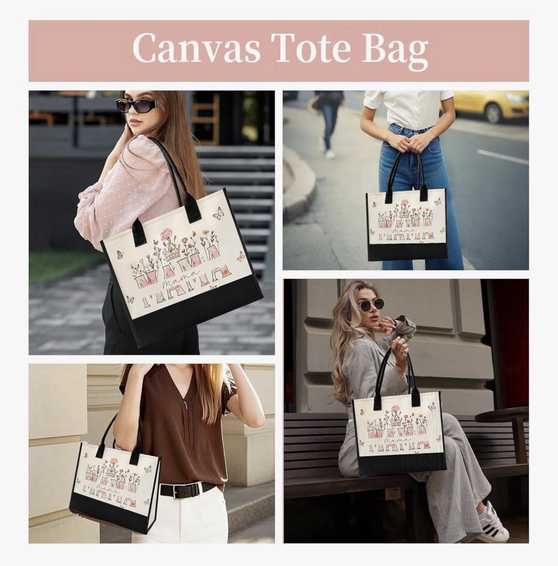 Canvas Tote Bag Moisture Resistant Floral Butterfly Mom Pattern 16.93×11.81in