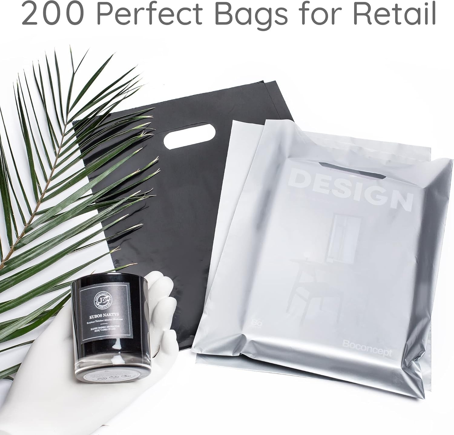 200 Black & Silver Plastic Merchandise Bags 9×12 with Handles, 1.5Mil