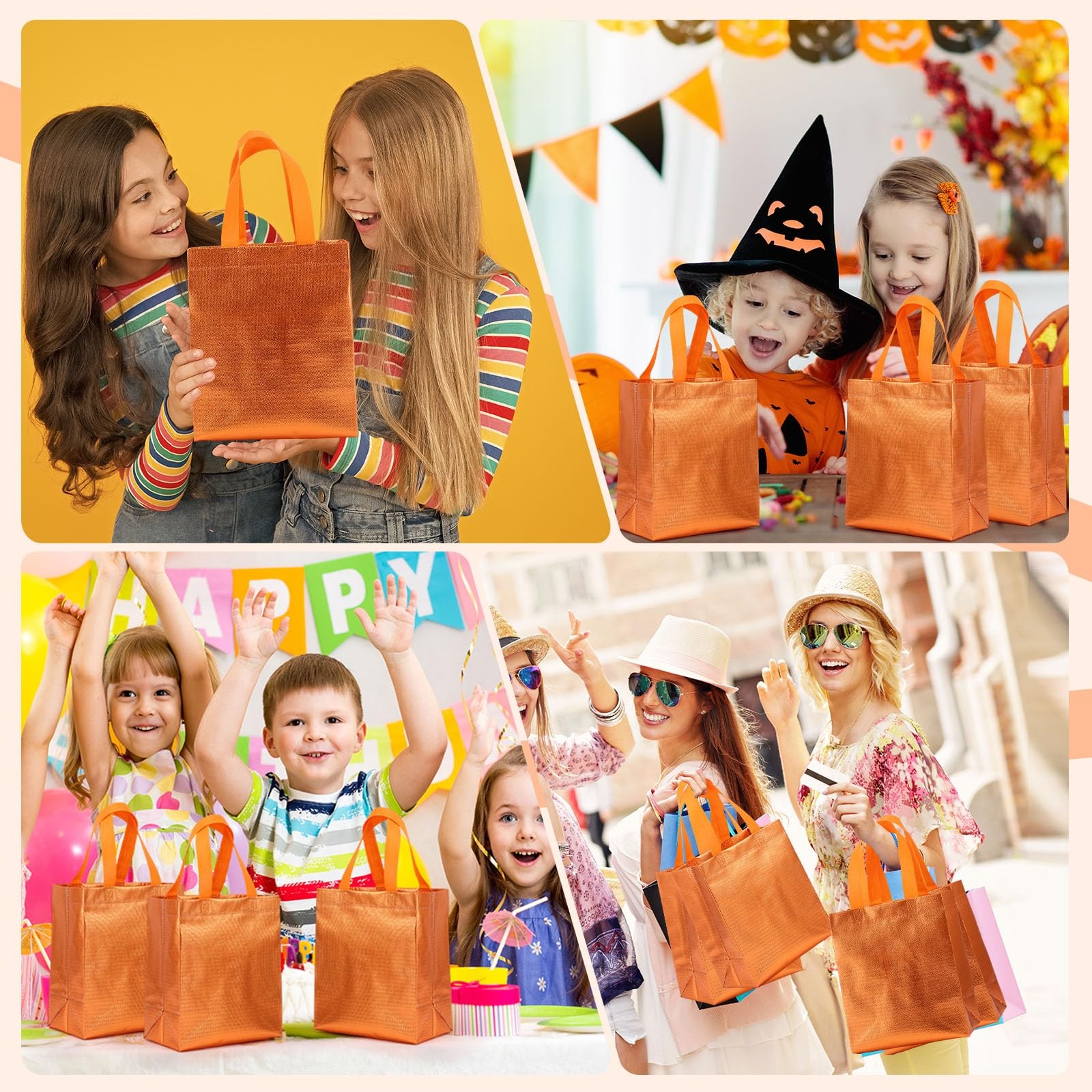 80 PCS Orange Glossy Reusable Gift Tote Bags Handles 10x8x4.7 Inch Grocery