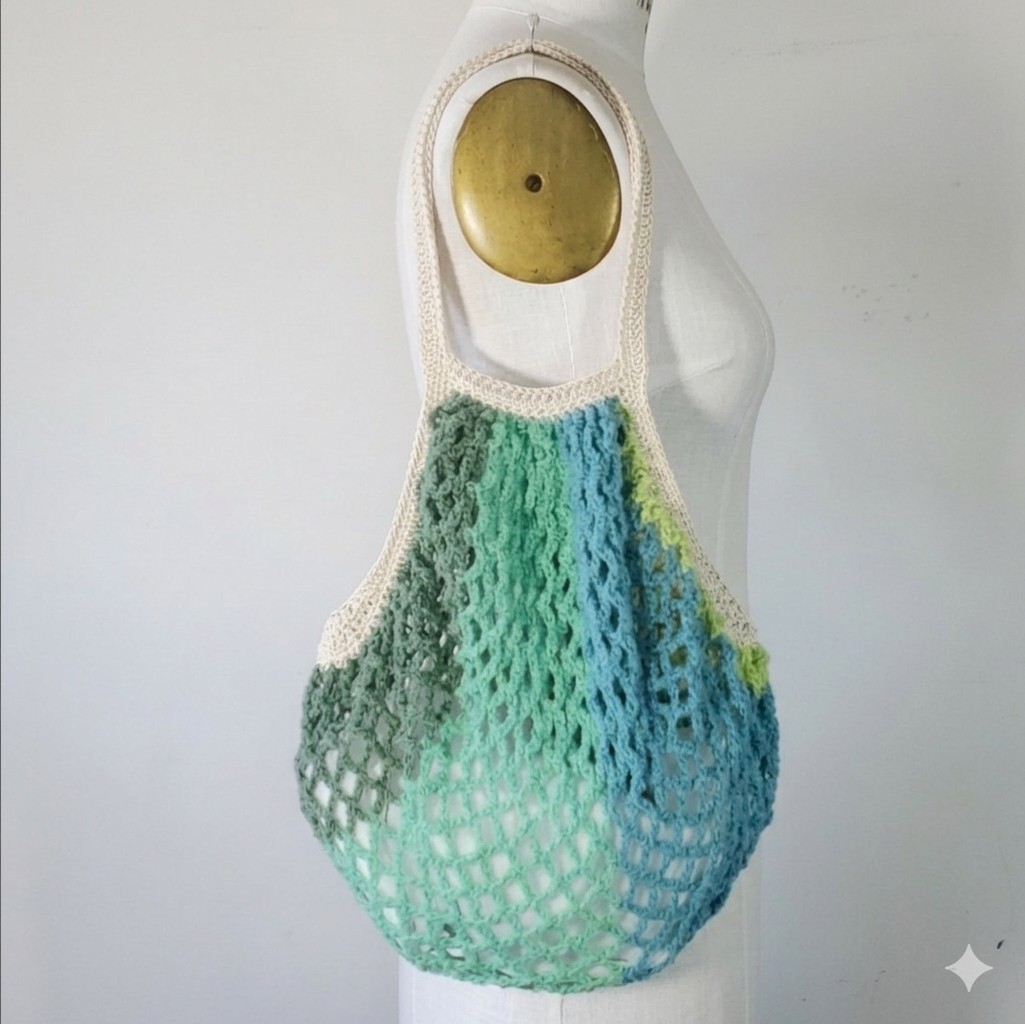 Handmade Green Farmers Market Bag Crochet French Net Sack Cotton Grocery Beach