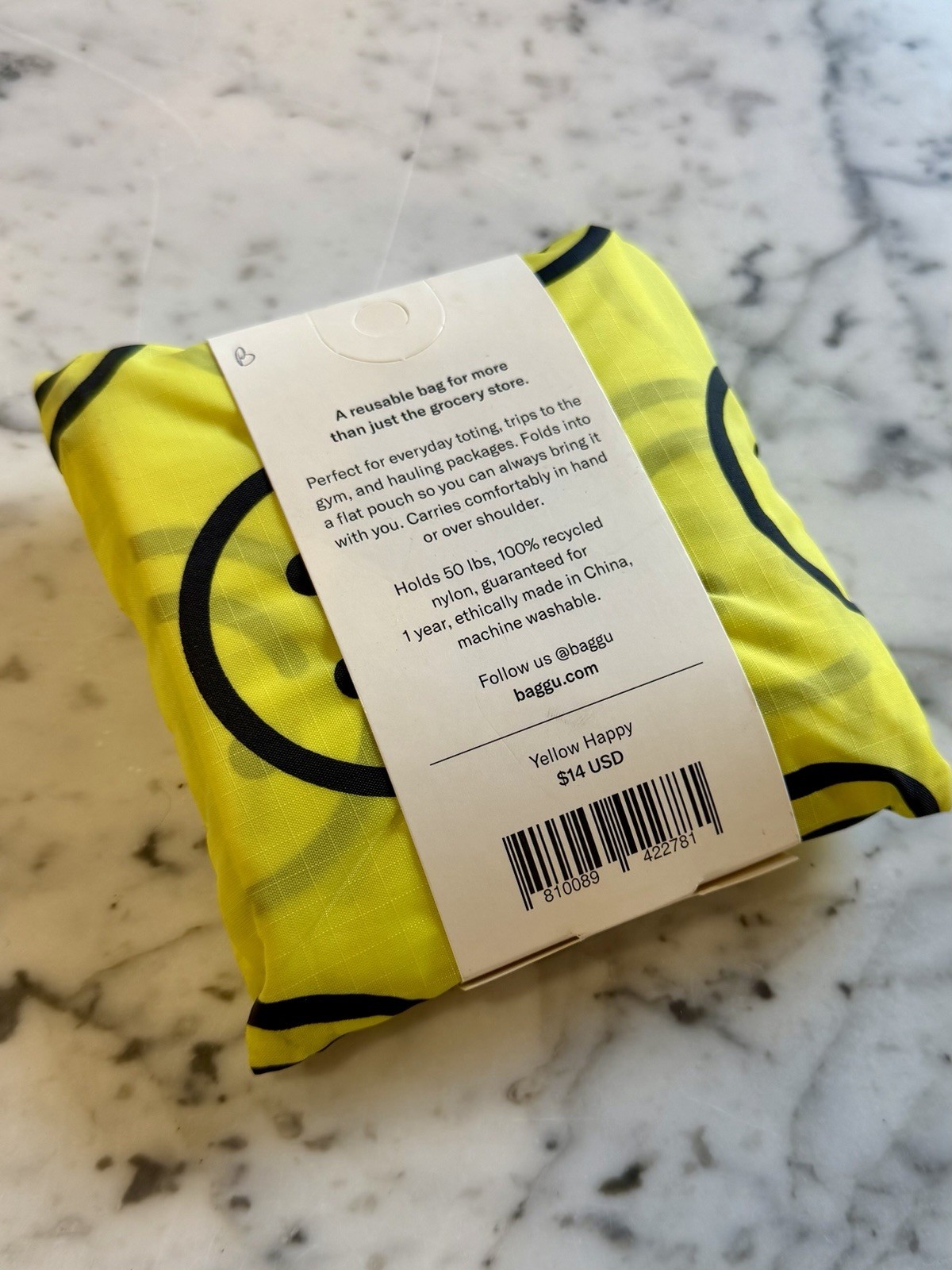 Baggu ‘Yellow Happy’ Smiley Face Classic Standard Reusable Bag NWT Deadstock (B)