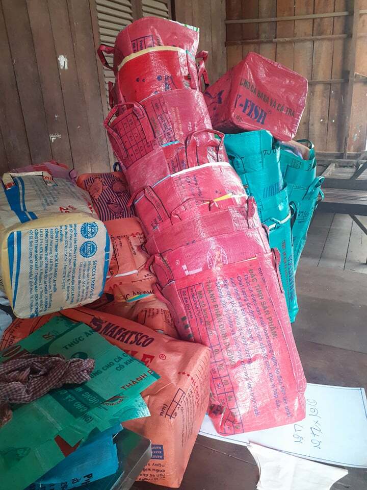 Fair Trade Upcycled Laundry Basket made from Recycled Fish Feed Bags in Cambodia
