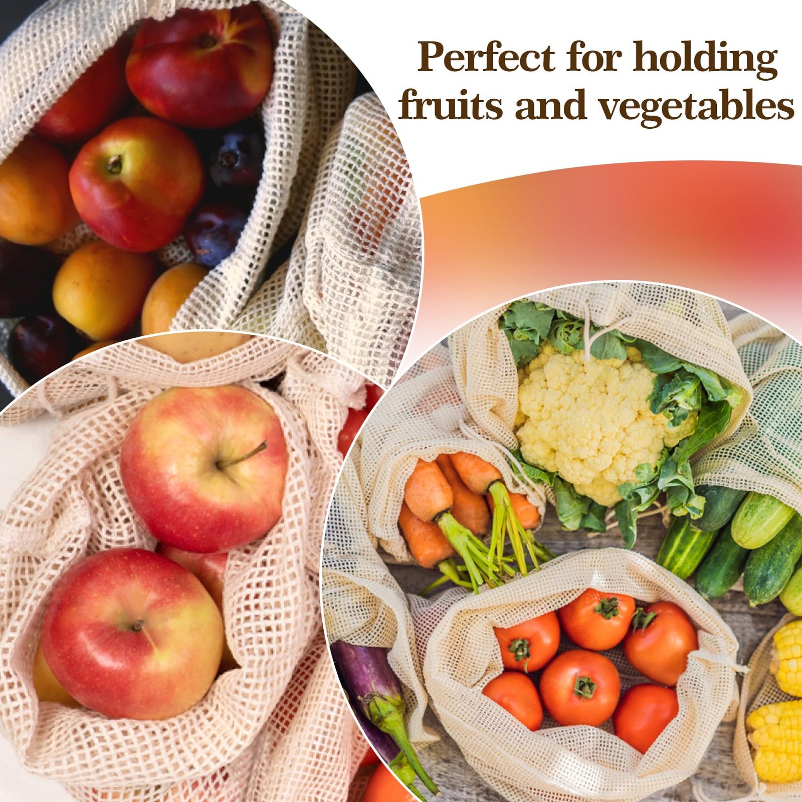 MAQIHAN 6 Pack Reusable Produce Bags Cotton Mesh 8*10,10*12，12*14, Off White