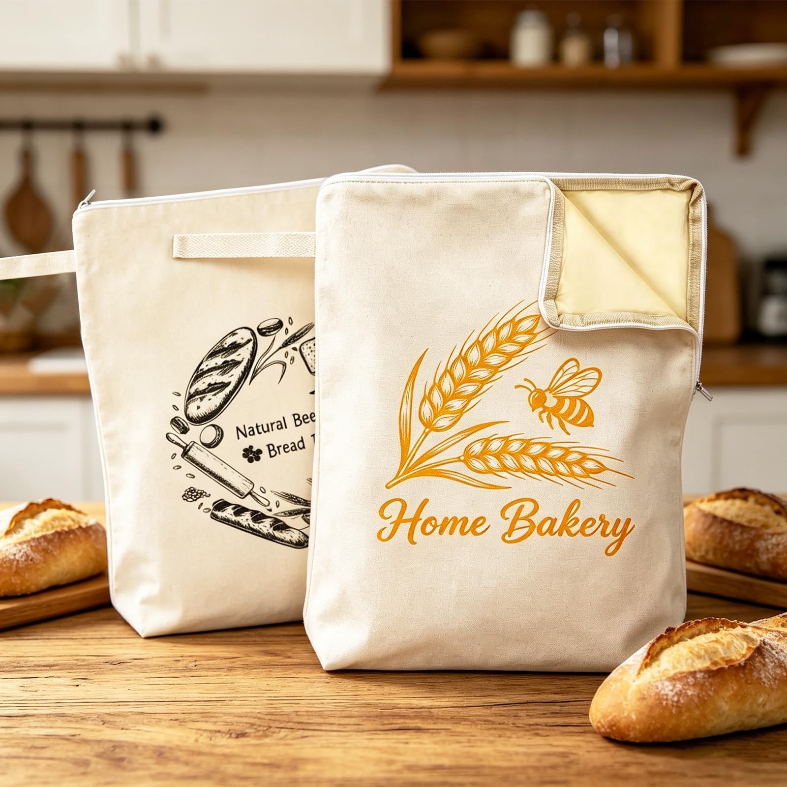 2PCS Reusable Beeswax Bread Bag for Homemade Bread, within 16 inch, beige