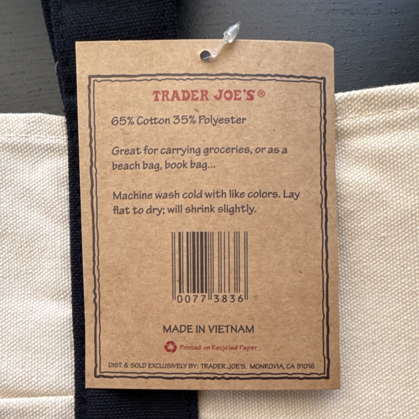 Trader Joe’s Reusable Tote Bag Foldable Cotton Polyester Beige Navy Blue