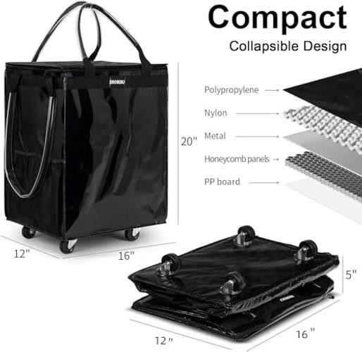 (,) Reusable Grocery Bag on Wheels, 70L Foldable Rolling Medium Black