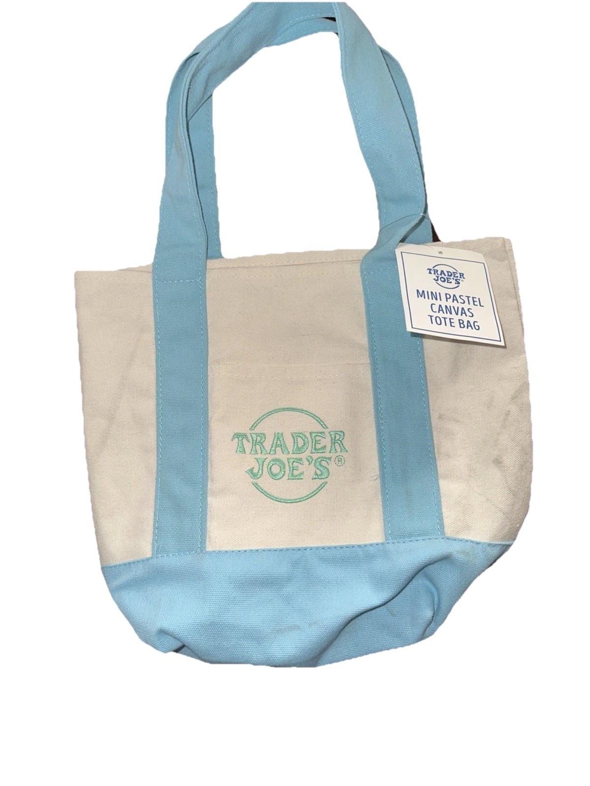 – TRADER JOE’S ~ PASTEL BABY BLUE COLOR ~ MINI CANVAS TOTE BAG ~ BRAND NEW ~