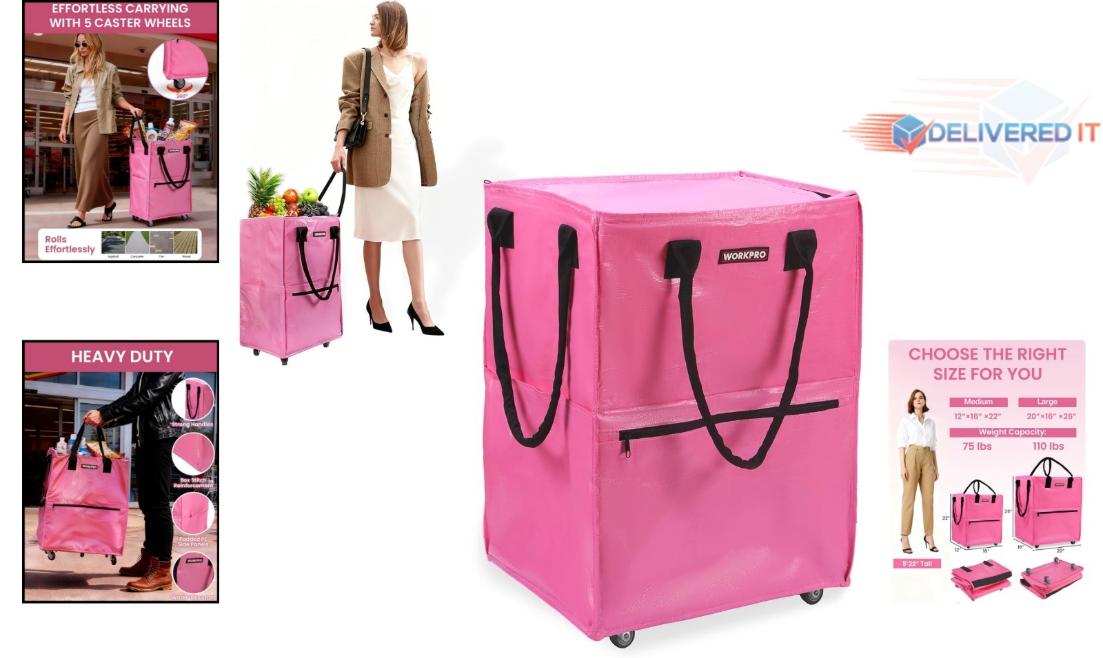 Large Rolling Grocery Bag Polyethylene 36-Gallon 5 Wheels Carry & Storage