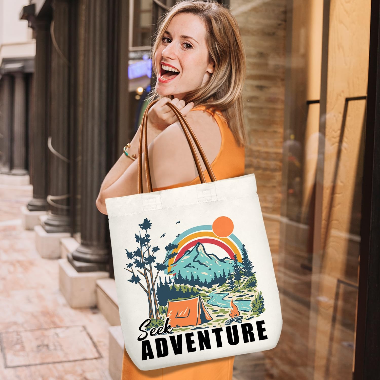 Seek Adventure Tote Bag, Camping Scenery Canvas Tote Bags Reusable Shoulder B…