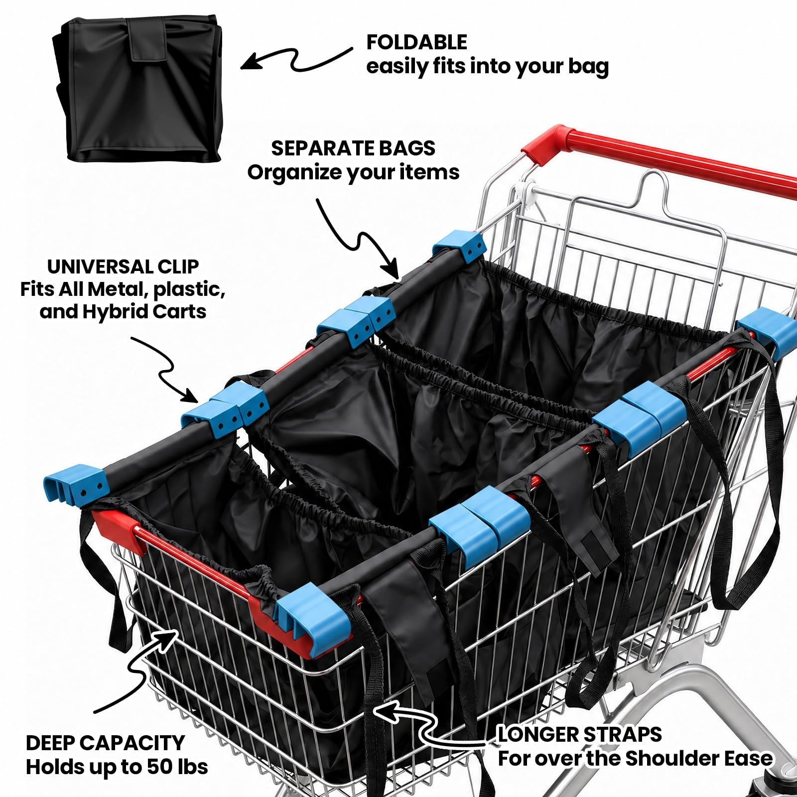 Reusable Universal Cart Bags 3-Pack, Eco-Friendly Grocery Organizers with Clips