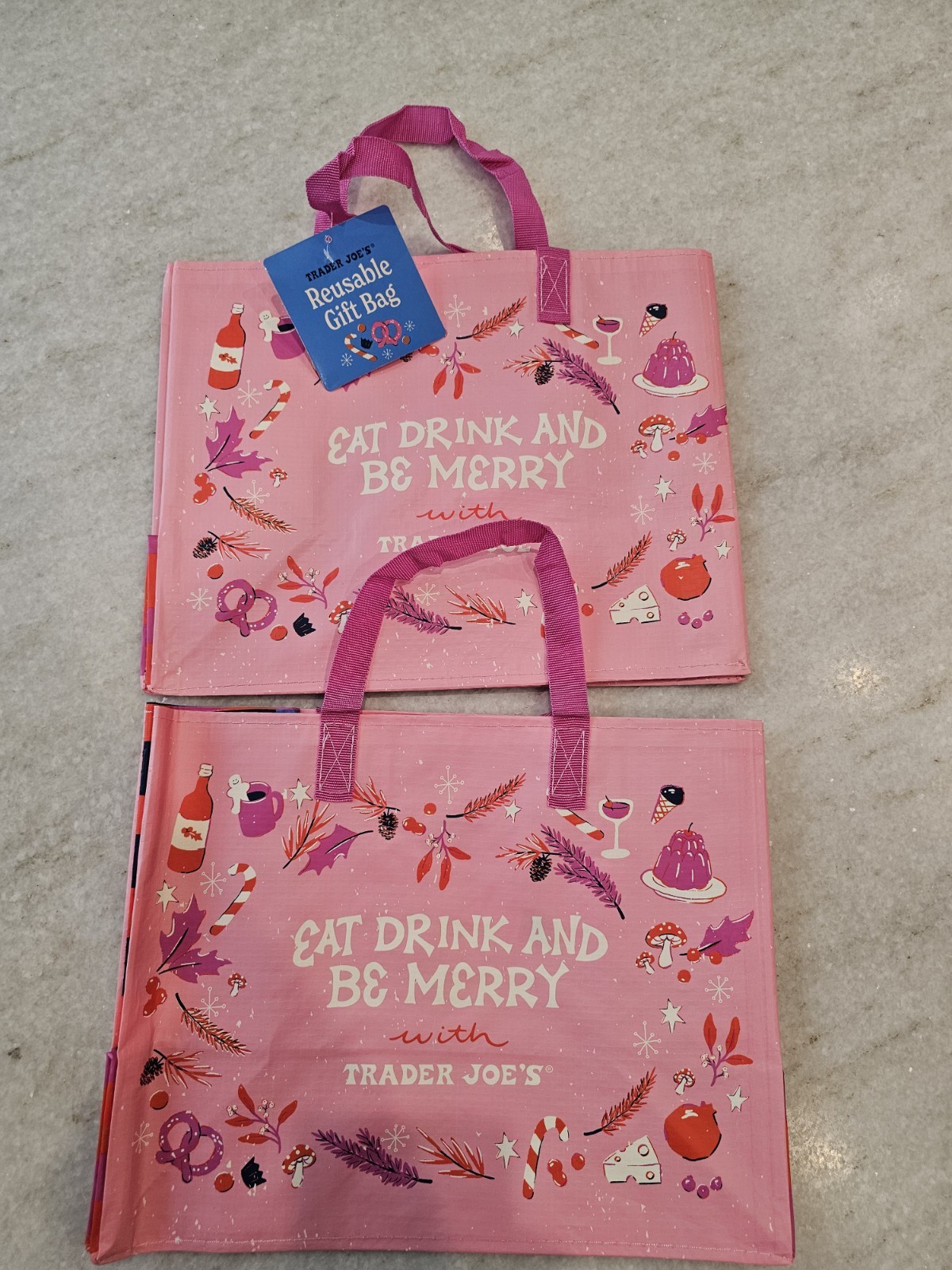 2 Trader Joe’s Christmas Holiday Pink Reusable Gift Bag Eat Drink and Be Merry