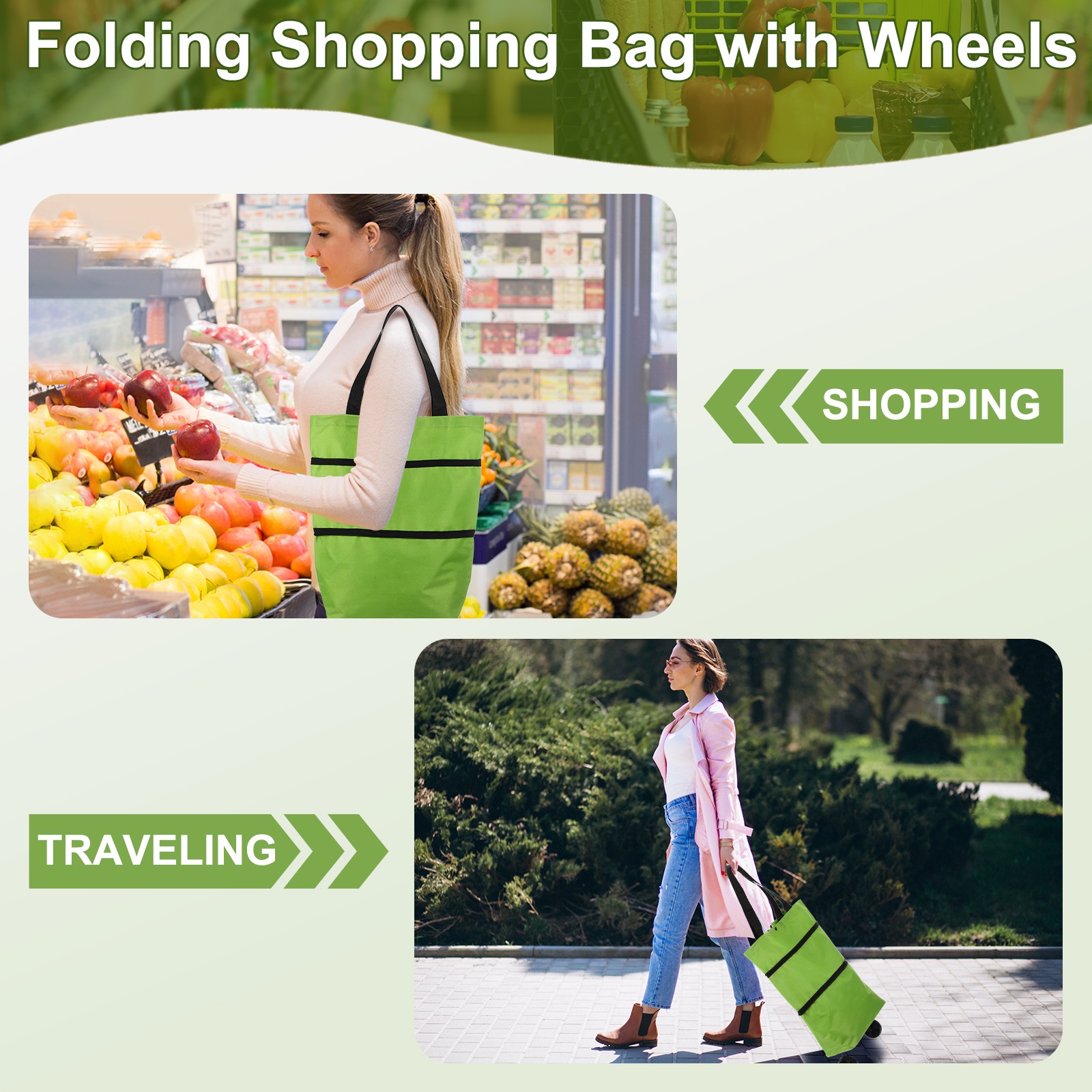 Folding Shopping Bag with Wheels 66lb Reusable Collapsible Grocery Cart White