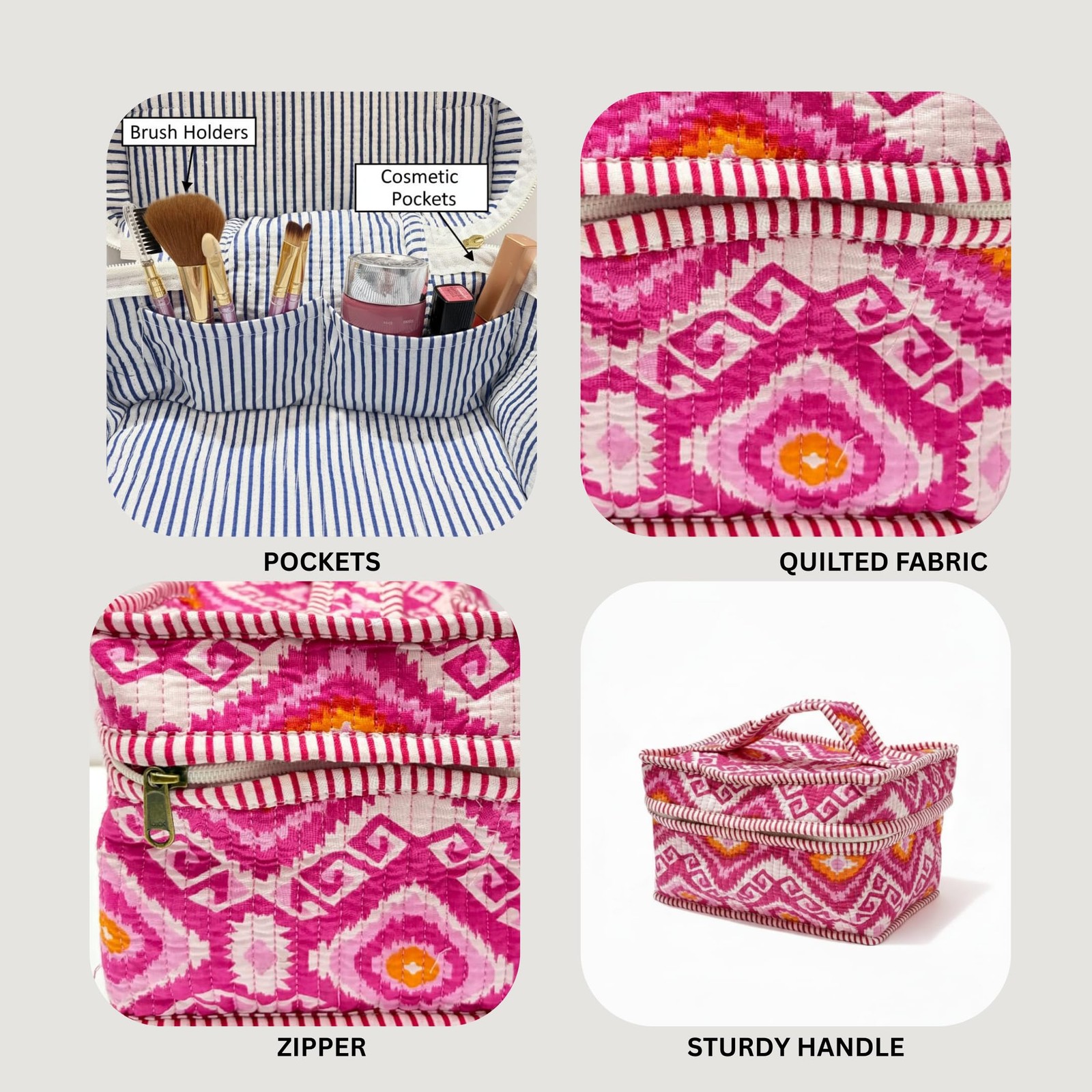 Vastra Looms Block Print Makeup Bag Quilted Pouch, Travel Toiletry Pink