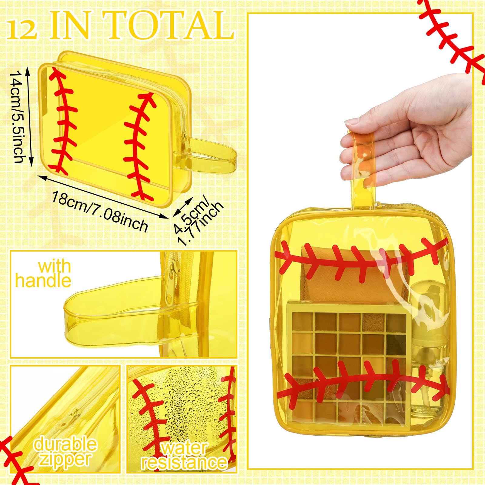 12 Pcs Softball Cosmetic Bag Team 7.09 x 5.51 x 1.77 inches, clear, yellow