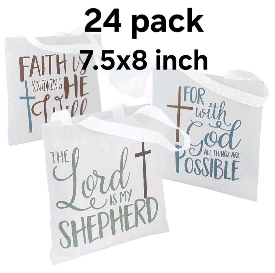 Small Religious Reusable Tote Bags 7.5×8 Inch (set of 24 canvas totes)