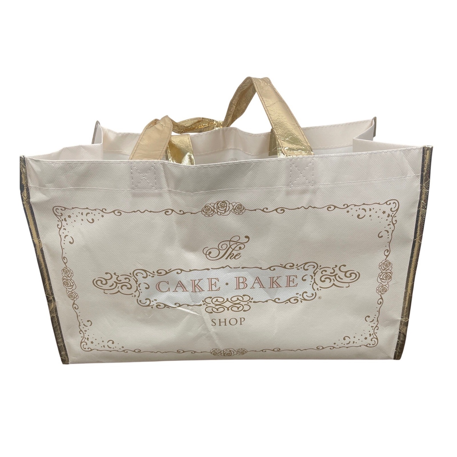 The Cake Bake Shop Reusable Shopping Tote Bag Cream Gold Filigree Rose Large