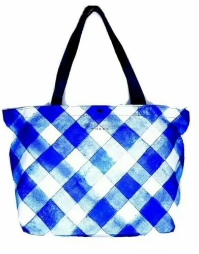 Bath & Body Works Tote Gingham Reusable Blue White Snap Closure Double Handle