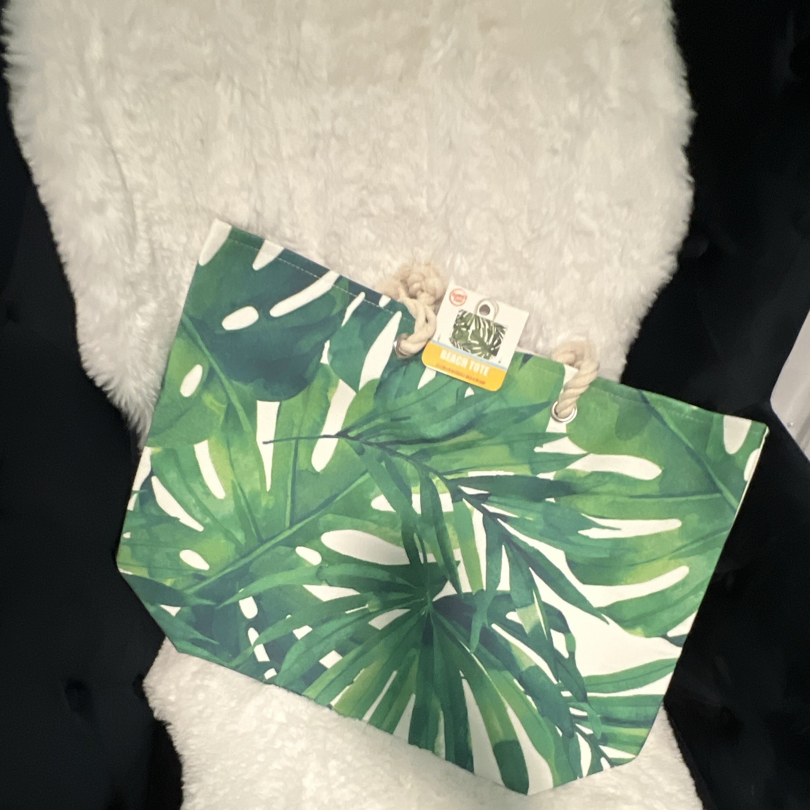 Green & White Leaf Print, Beach Bag