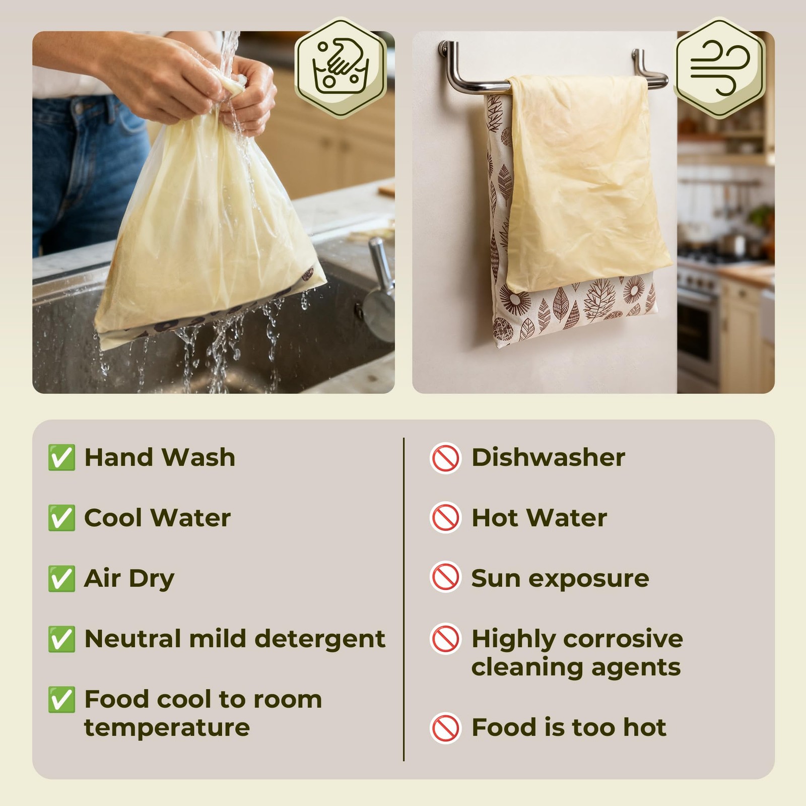 OHIYO Reusable Beeswax Bread Bags for 13 inches x 17 inches, Leaf Pattern