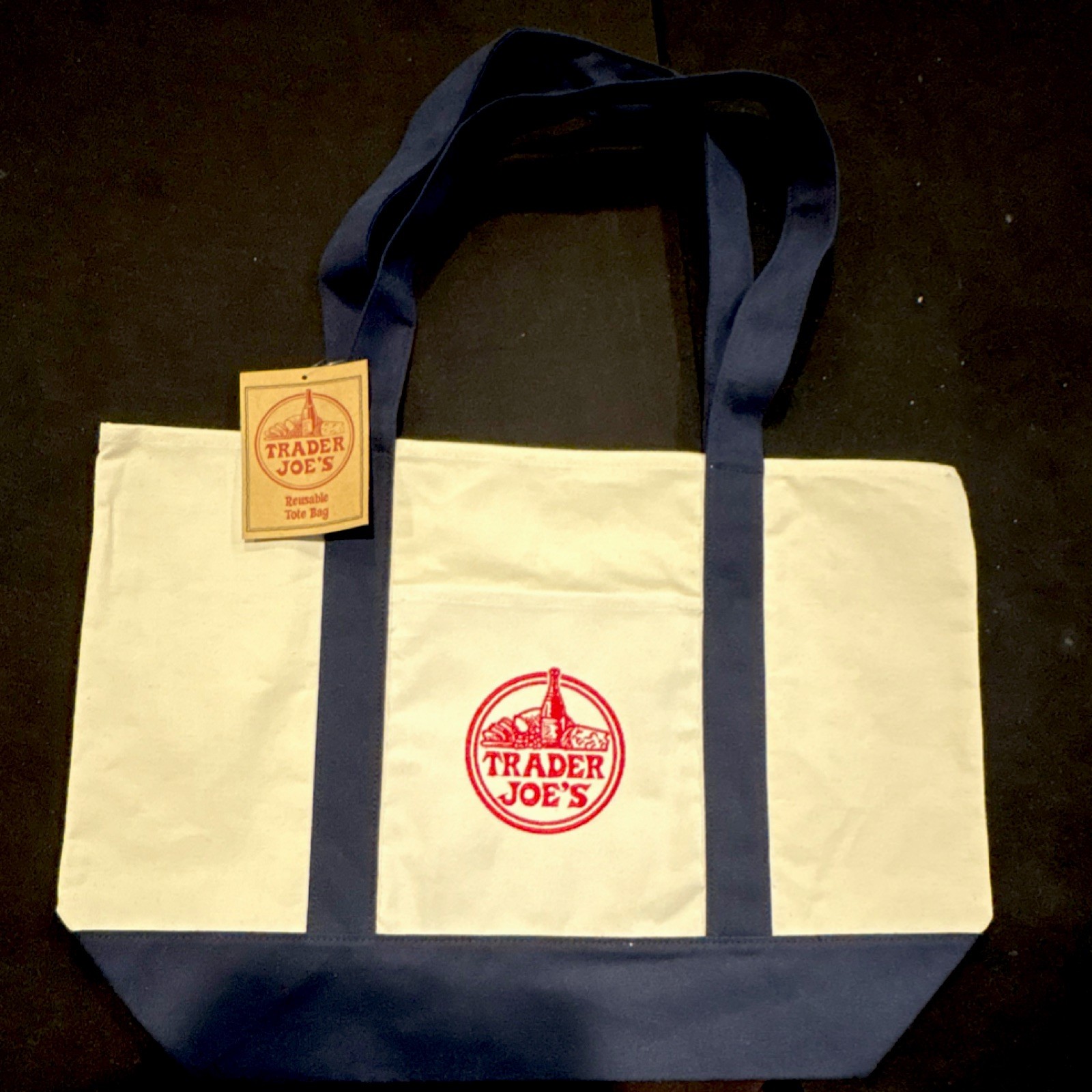 Trader Joe’s Foldable Canvas Reusable Tote Bag Beige Navy Blue Solid Grocery