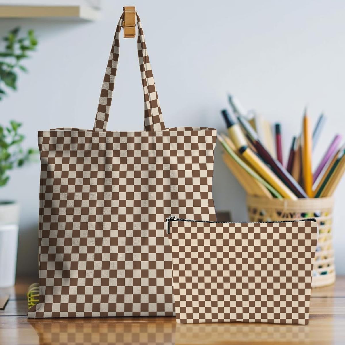 Brown Checkered Canvas Tote Bag Shopping Bag Reusable Grocery Bags with Pocke…