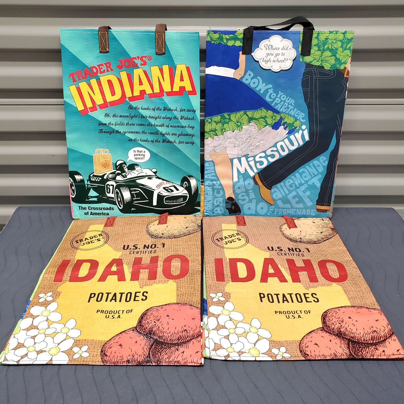 Trader Joes Reusable Grocery Shop Tote Bag Indiana Missouri Idaho BNWT 6gal. 4pk
