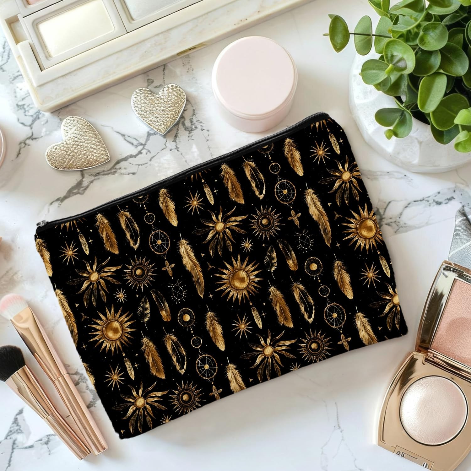 FWSFD Boho Black and Gold Full coverage of retro black-gold suns feathers