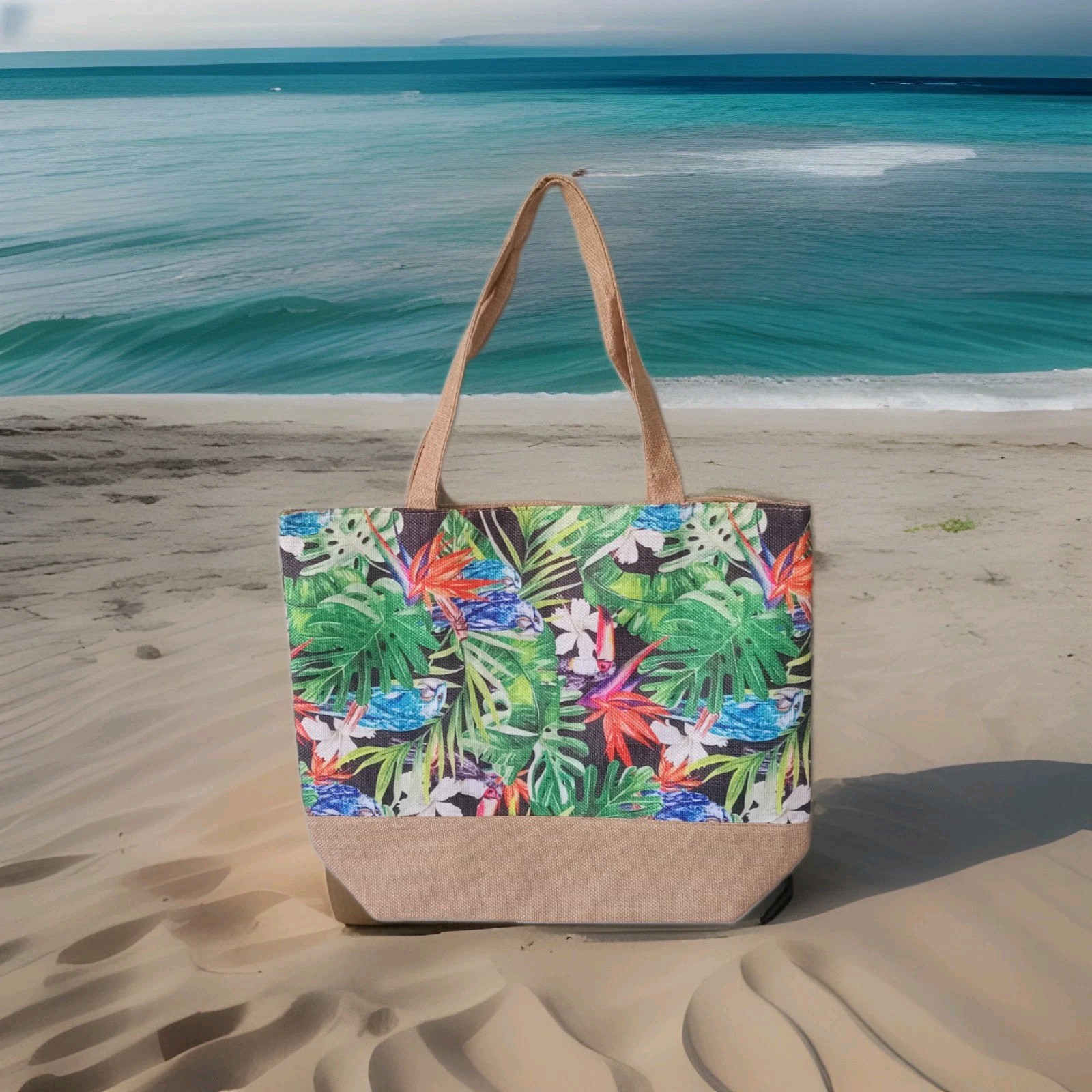 Multicolor Leaf Print Polyester Tote Reusable Bag Beige Handles green leaves.
