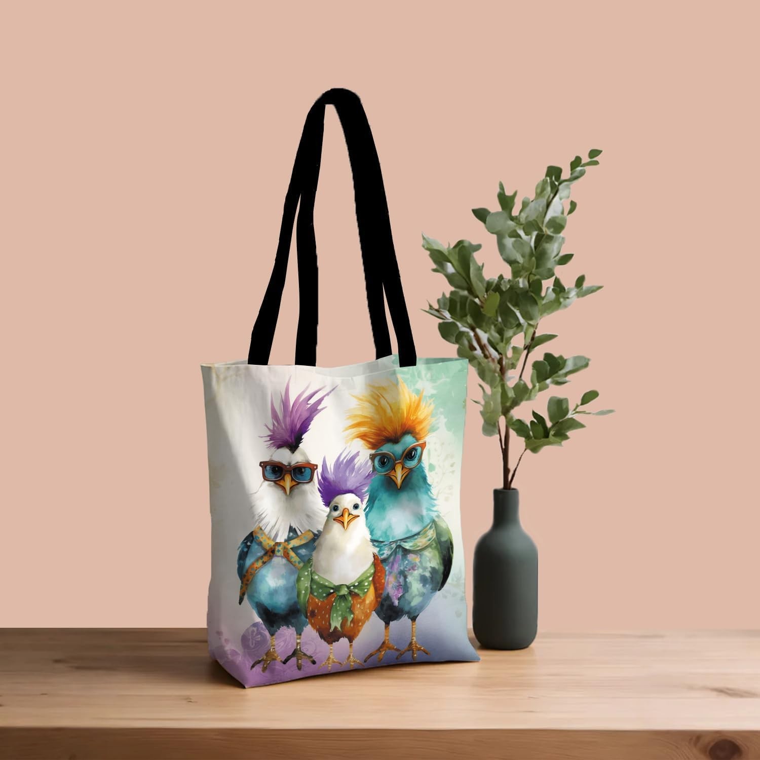 Funky Chicken Canvas Tote Bag – Double-Sided Printed Colorful Shoulder Bag wi…