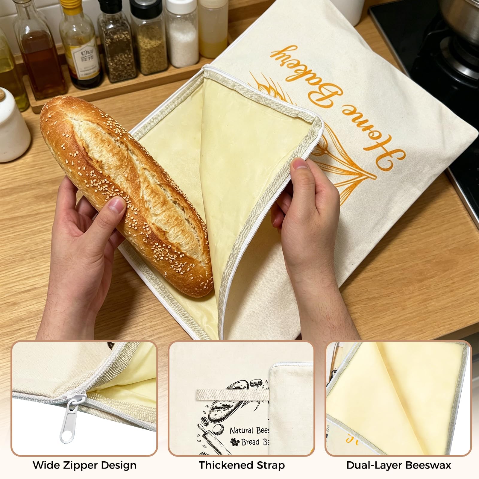 2PCS Reusable Beeswax Bread Bag for Homemade Bread, within 16 inch, beige