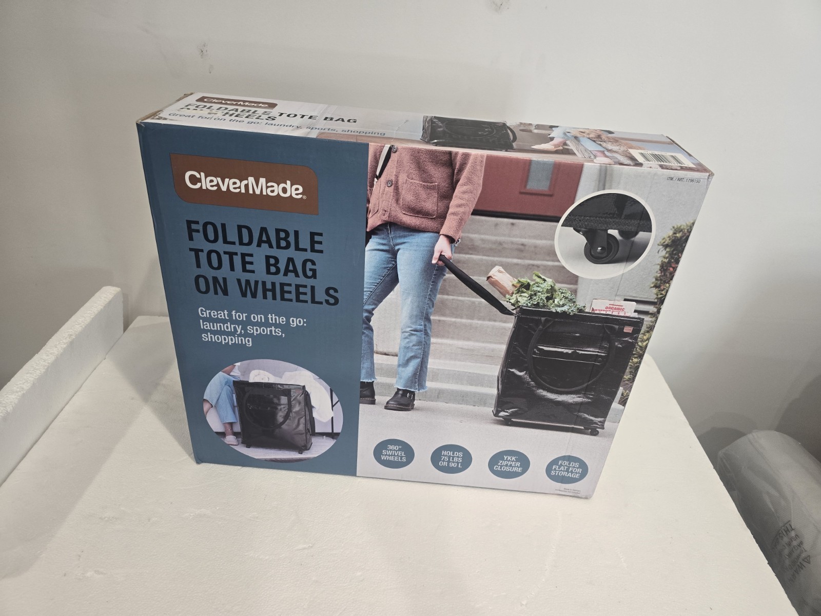 CleverMade Foldable Tote Bag on Wheels – Rolling Shopping/Laundry Cart – New