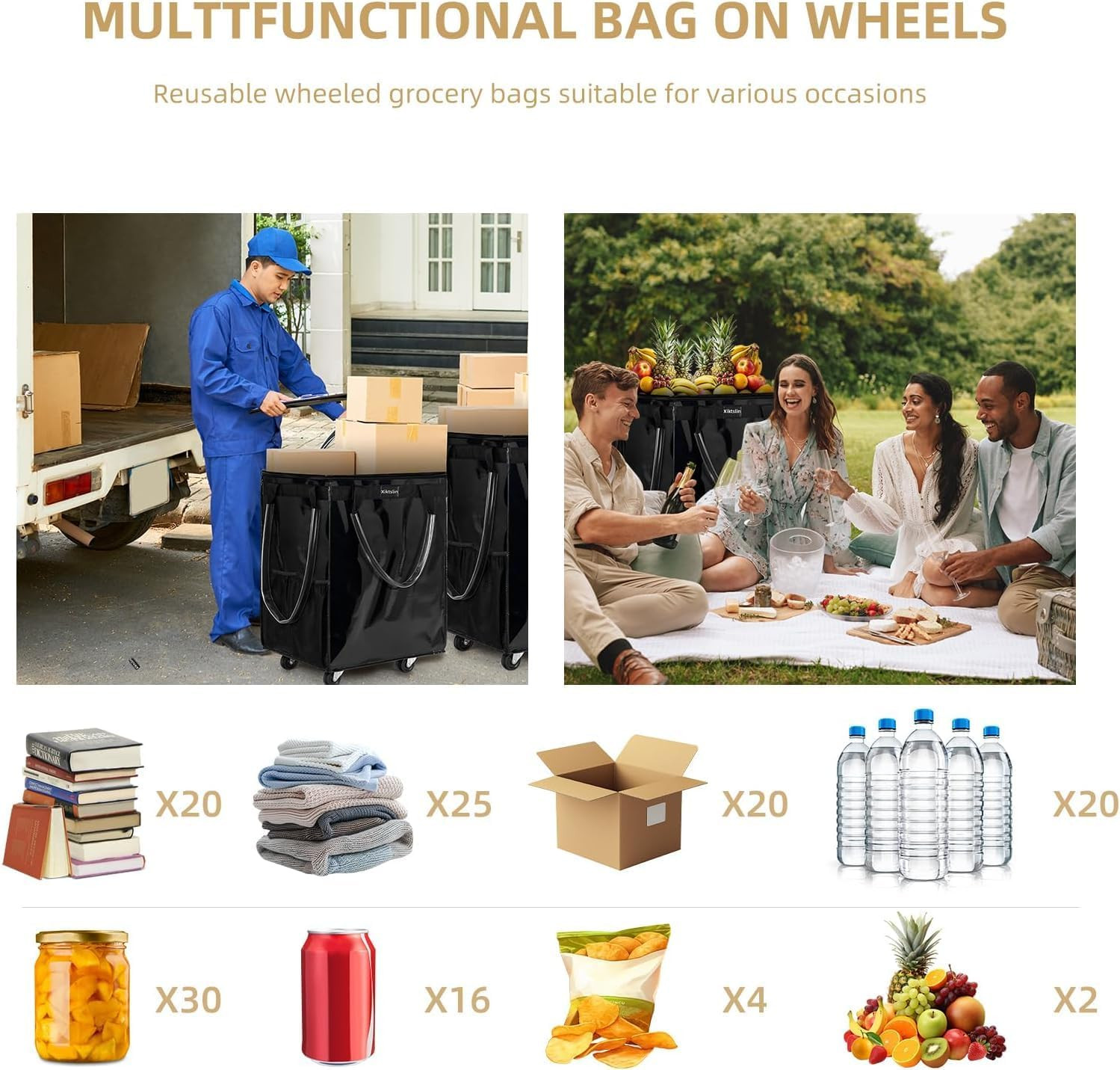 (Large, Black) Reusable Grocery Bag on 5 Wheels, Foldable Rolling Tote Carries u