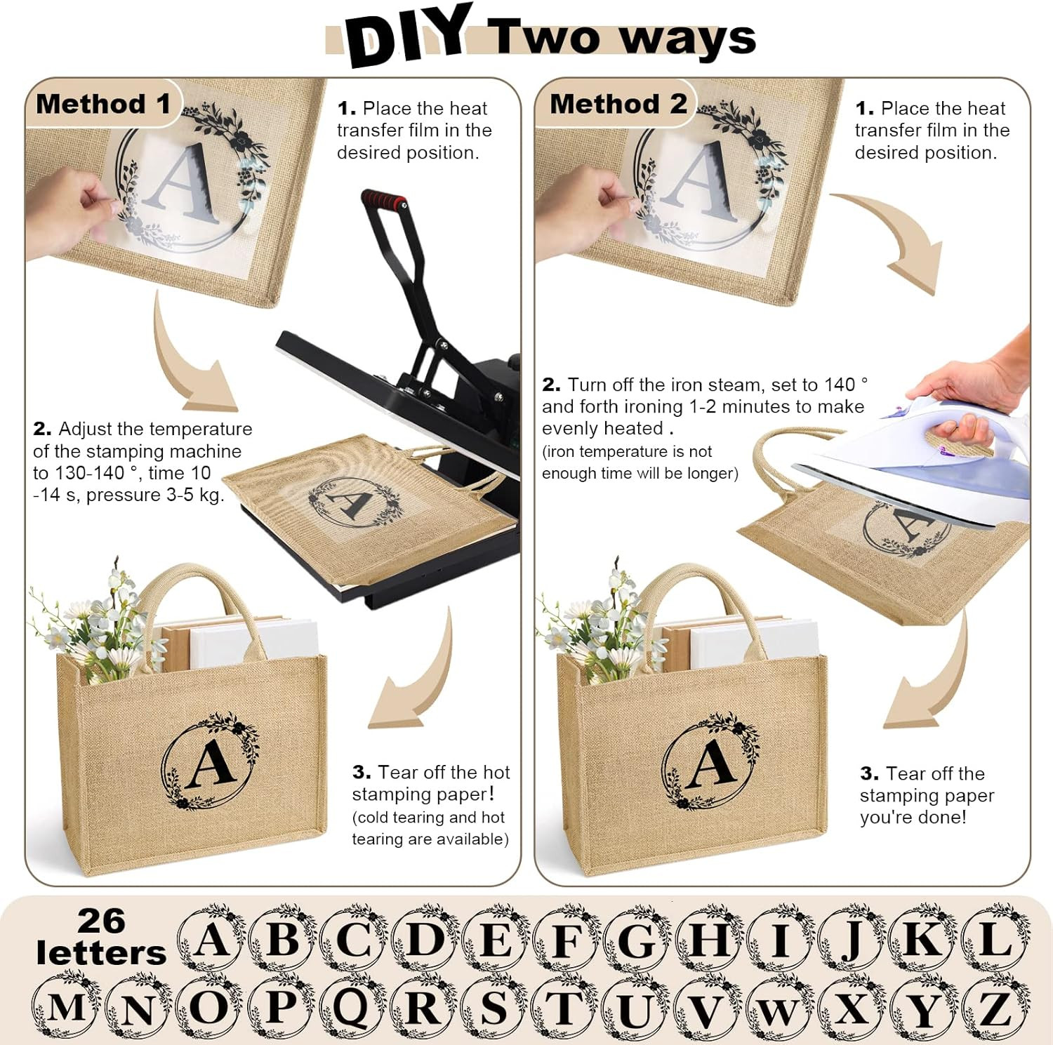 12 Pack Burlap Tote Bags with Handles & 26 Iron-On Letters for DIY Crafts