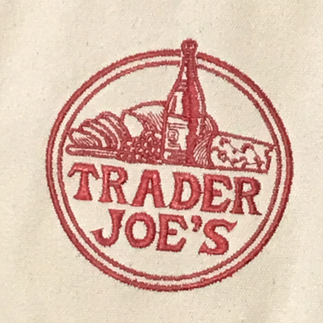 Trader Joes Cloth Tote Grocery Bag Natural w Navy Trim Embroidered Logo 21x16x6
