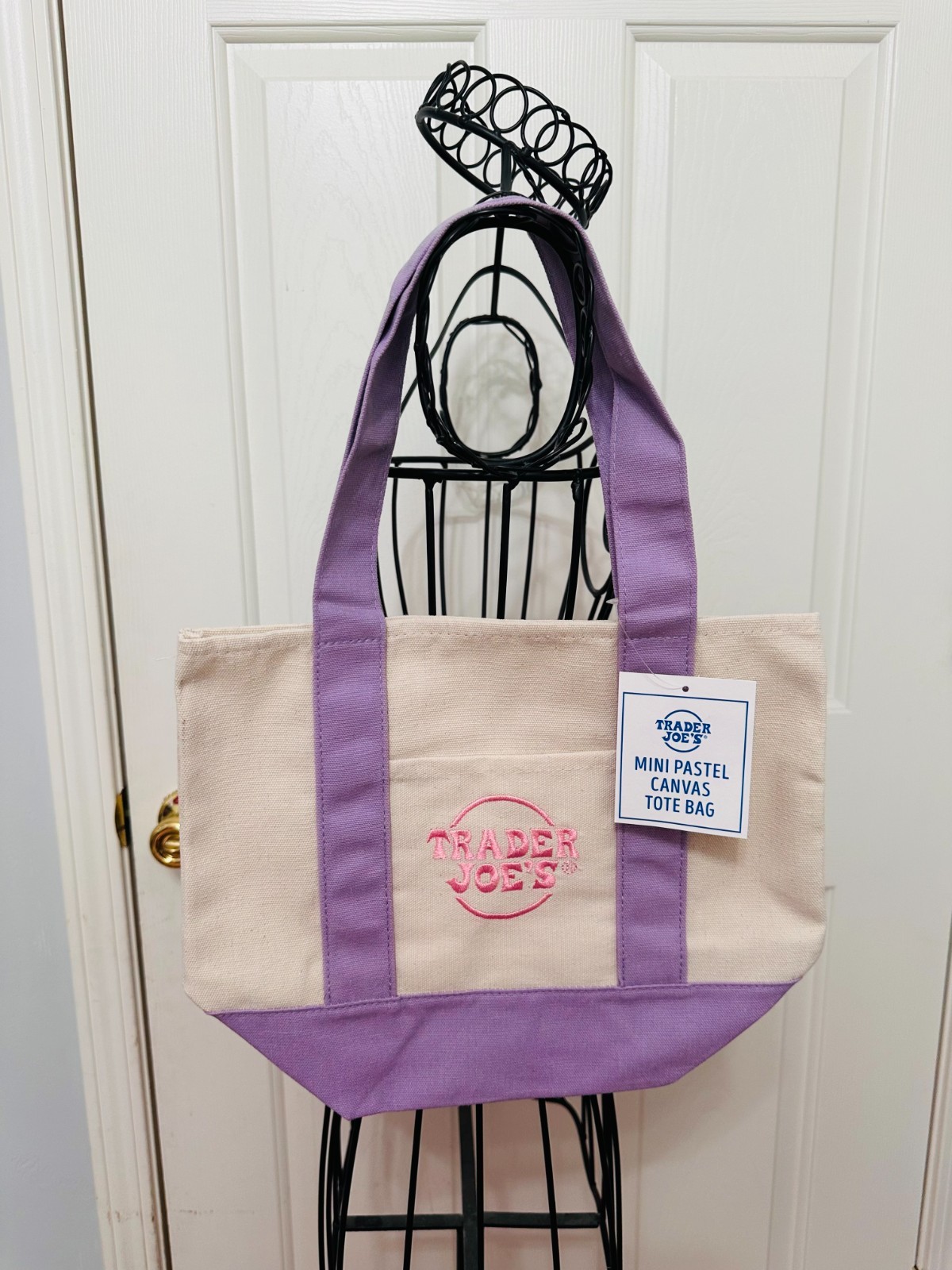 TIK TOK FAMOUS TRADER JOE’S PASTEL SPRING MINI CANVAS TOTE BAG LIGHT PURPLE