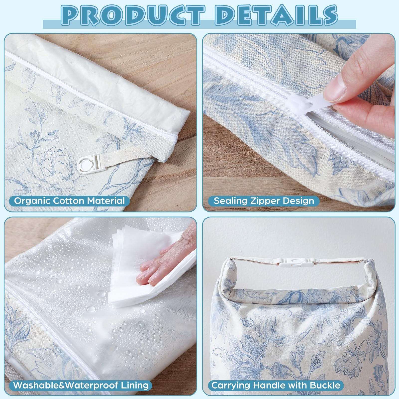 Tallew 3 Packs Beeswax Bread Bags for 17 inches x 13 inches, blue, white