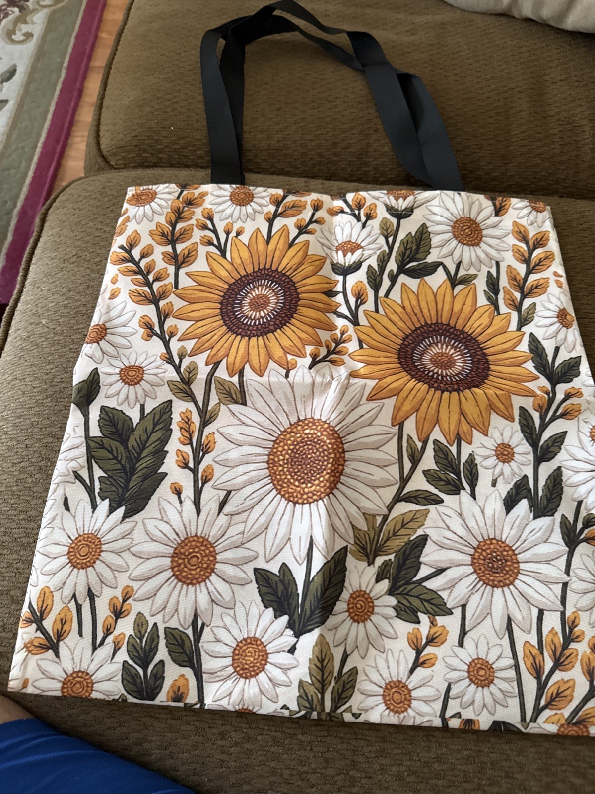 Sunflower Printing On Double Sides Polyester Tote Bag W/double Handles