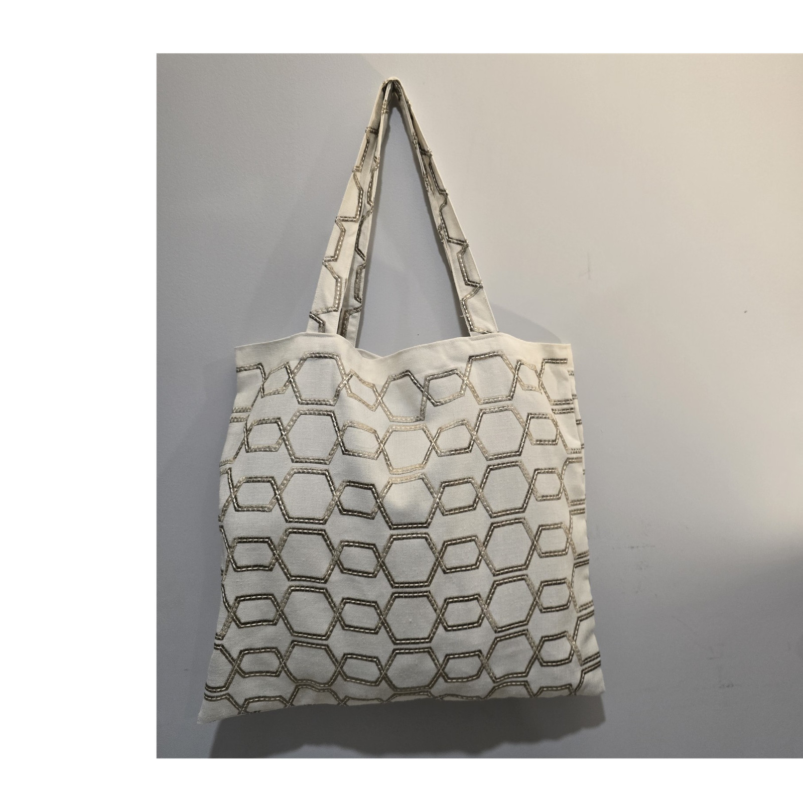 Geometric Pattern Foldable Canvas Tote Shopping Bag Beige 16x20x14 in