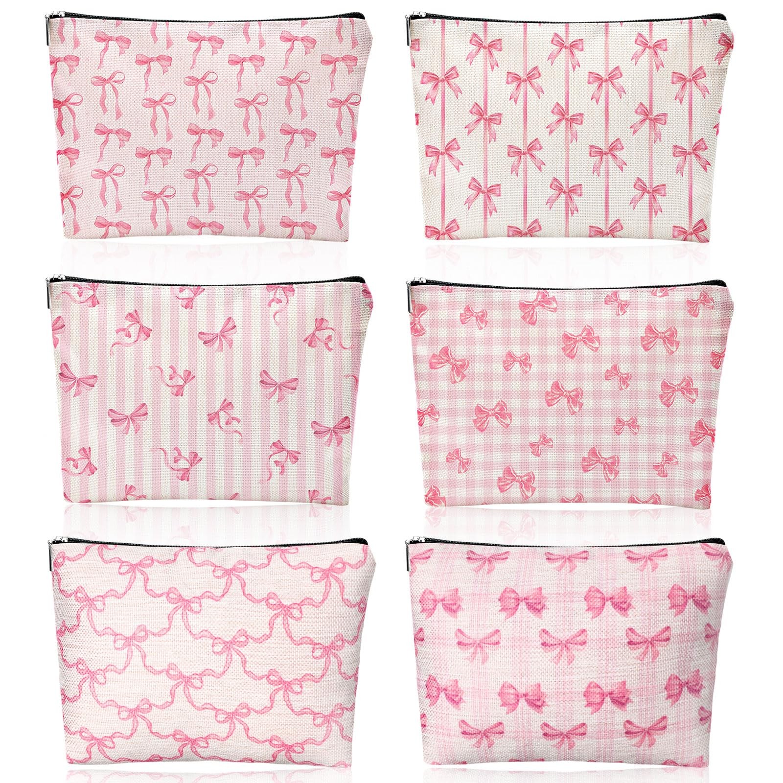 Kacctyen 6 Pack Pink Coquette Bow Makeup Bag Preppy Cosmetic Bags mainly pink