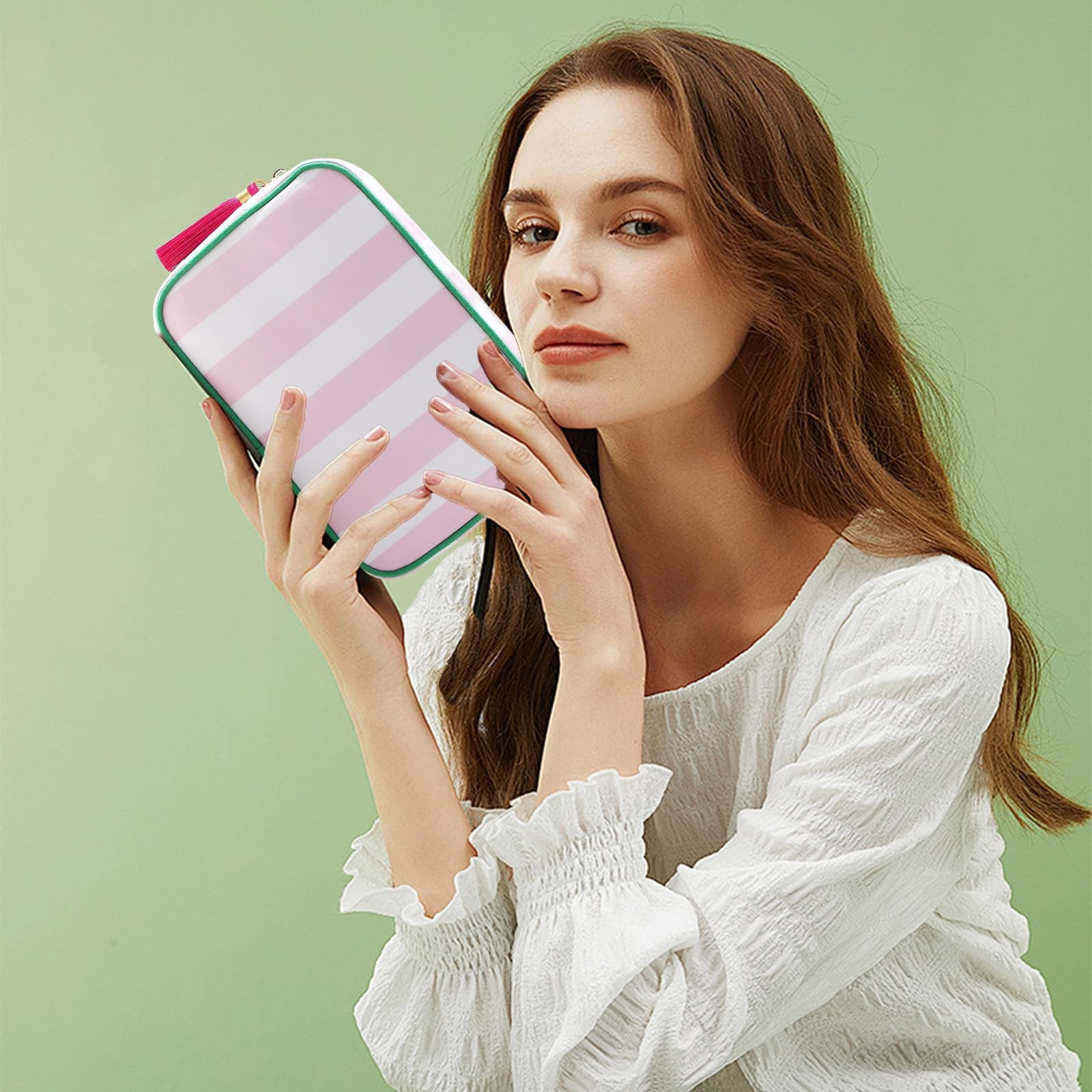 EMBRUNIOICE Stripe Makeup Bag Travel Cosmetic Organizer White & Pink
